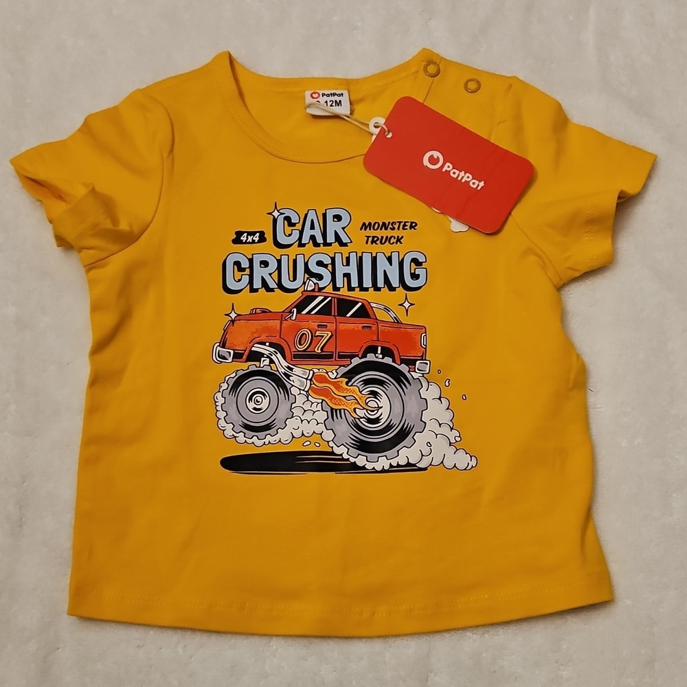 PatPat Yellow Short Sleeve Cotton T-Shirt 9-12M Unisex Baby Monster Truck Cars